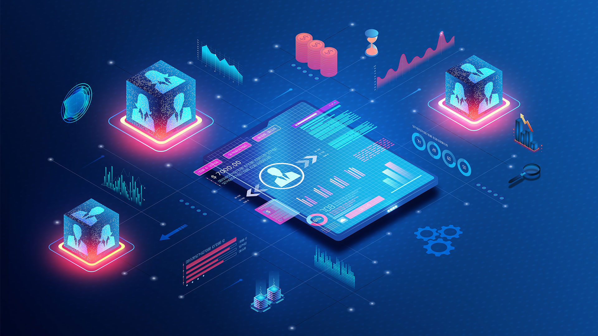 Data and application integration is illustrated by a vector image of a tablet with a service for monitoring application parameters.
