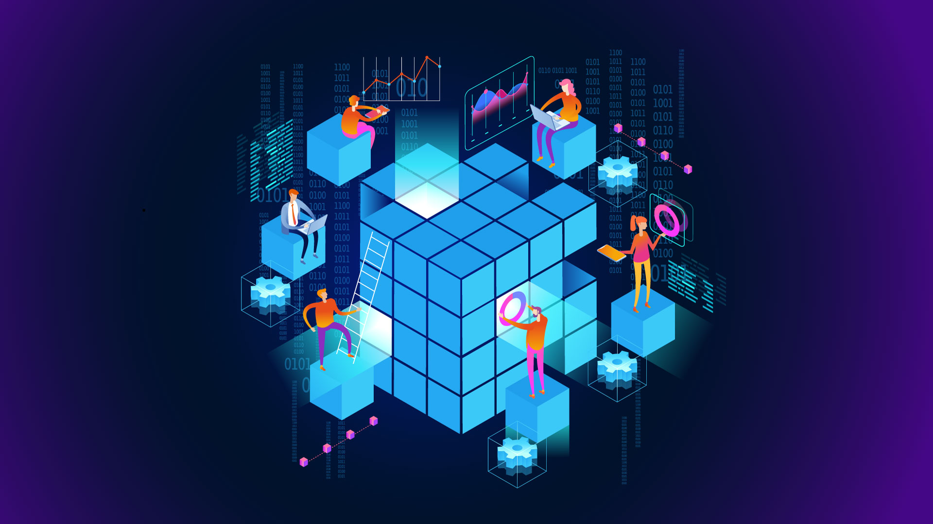 A vector visualization of people working with big data analysis.