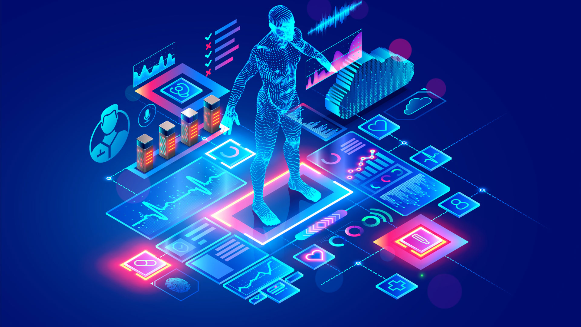 A vector illustration of data integration in the healthcare industry.