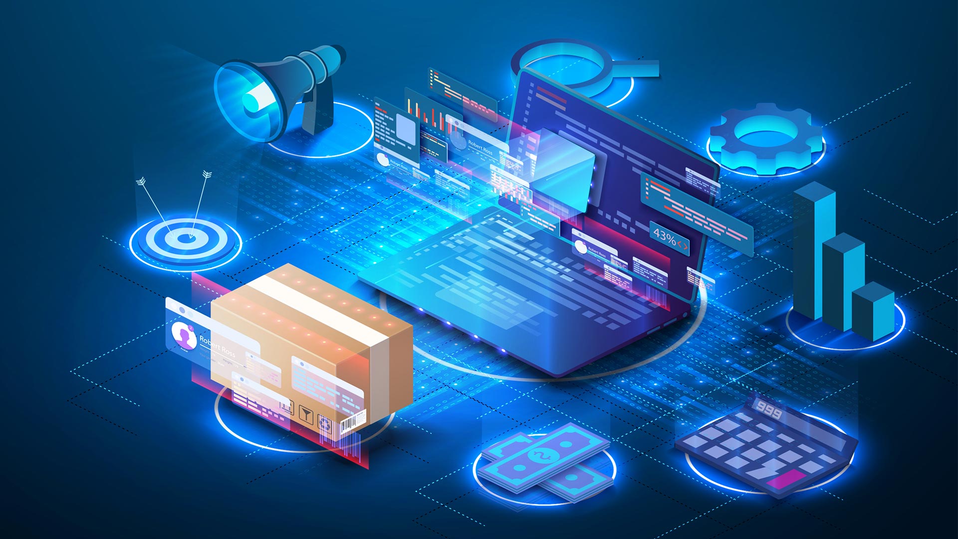 Vector image of a supply chain management concept illustrating retail data integration.