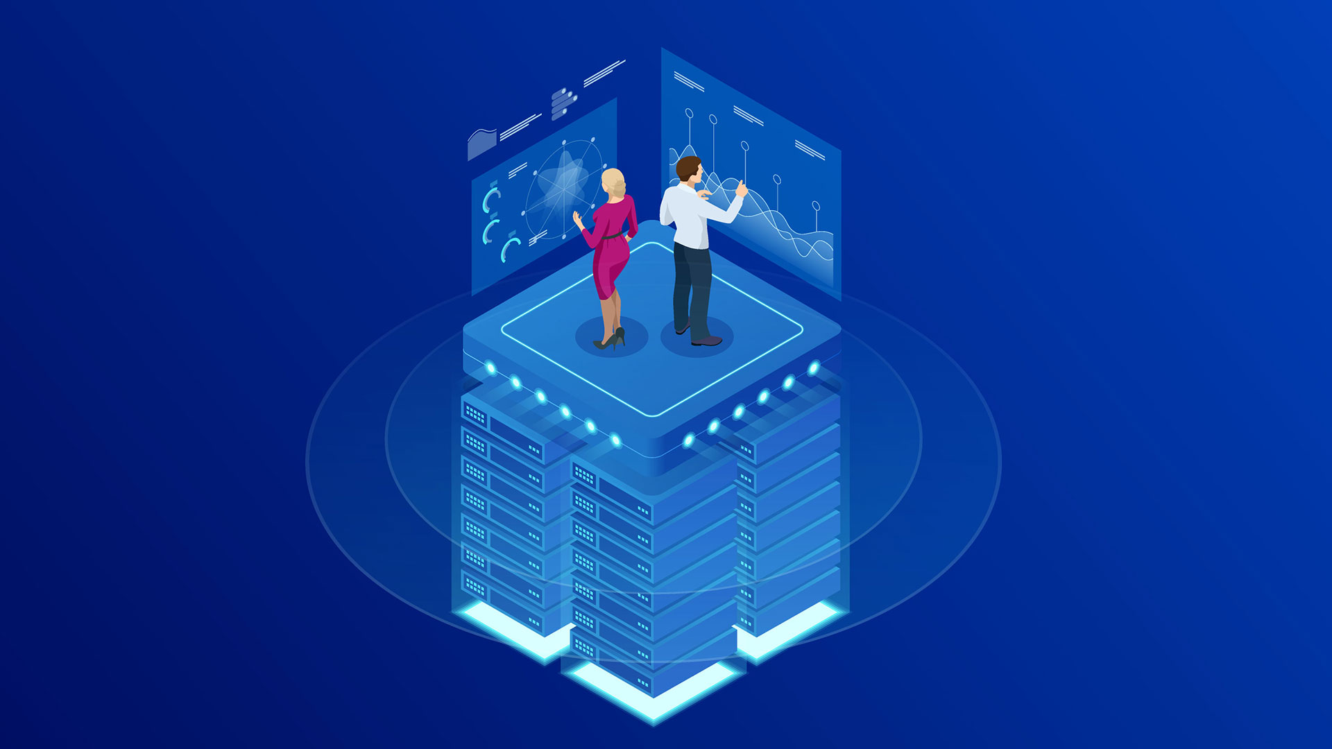 Vector image of analysts working on big data illustrates the revolution of big data in the retail industry.