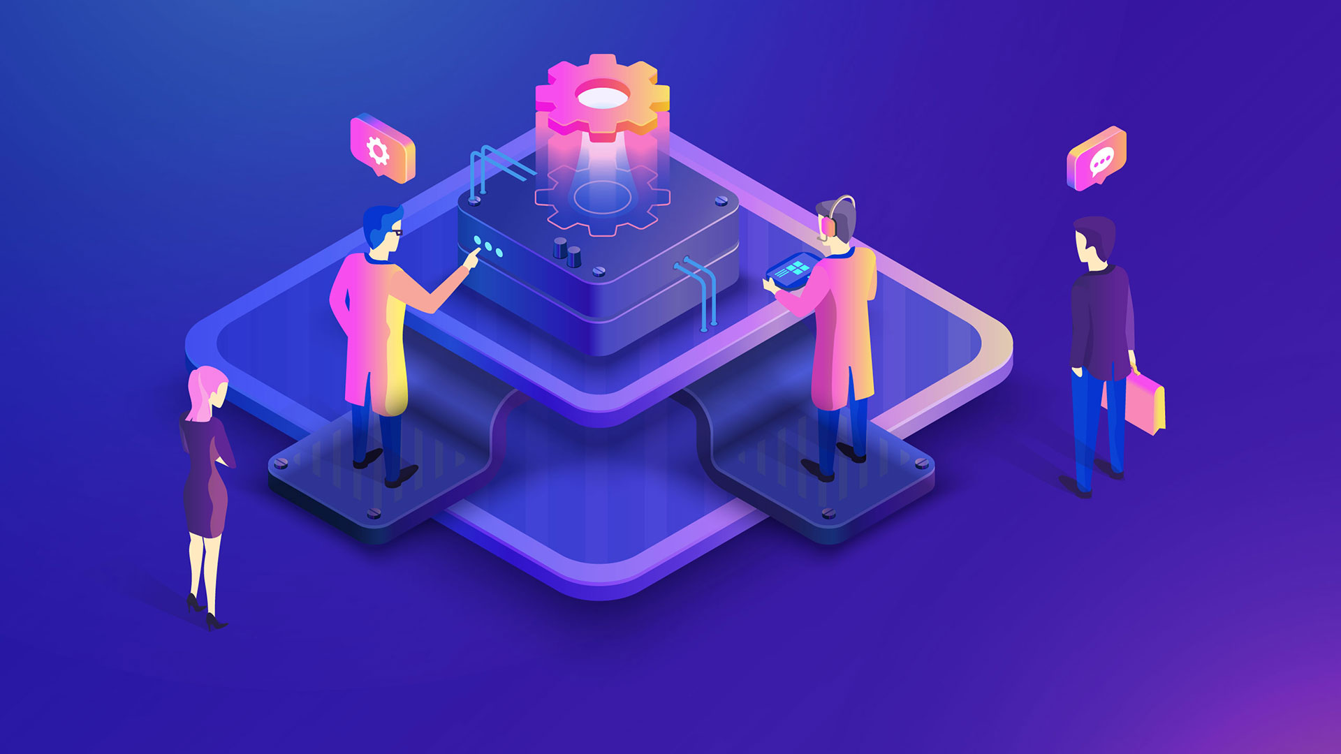 Vector image of a couple of technical professionals interacting to overcome data integration challenges.