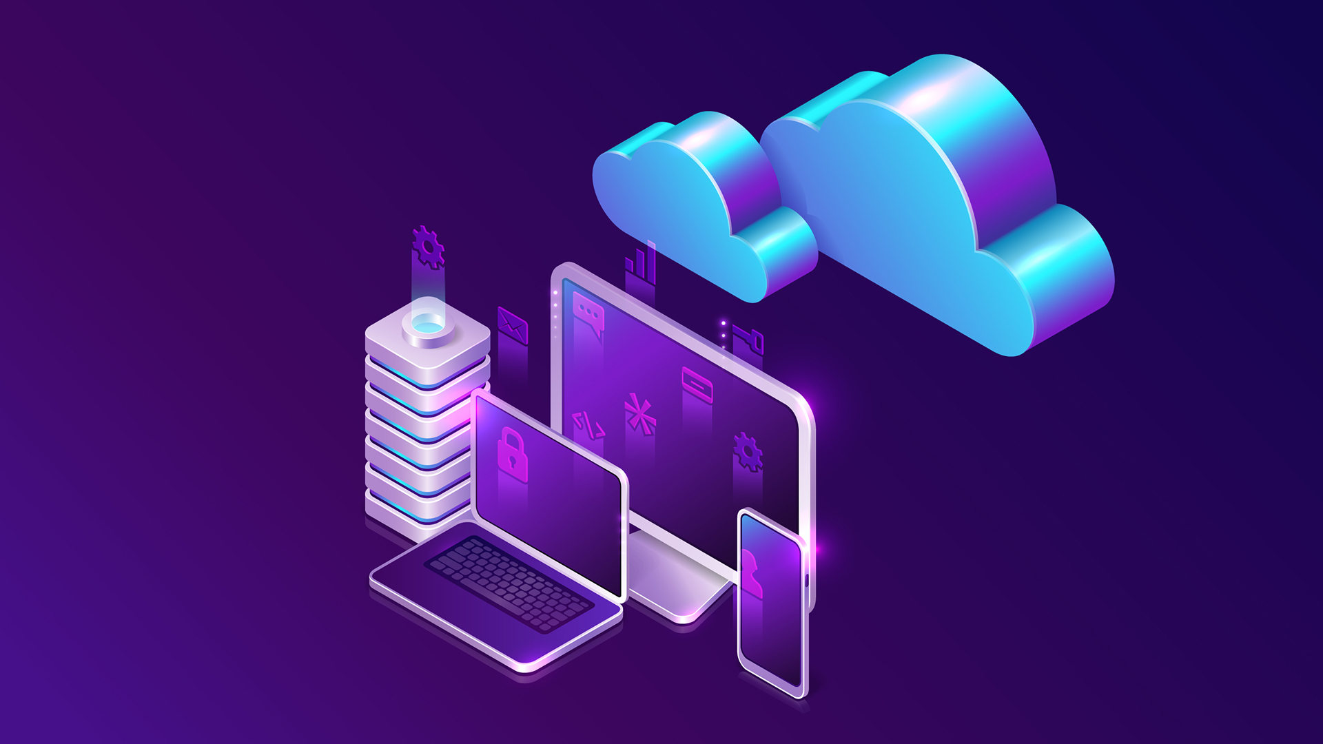 Vector image of desktop connected to cloud and data server illustrates the data integration and data migration.