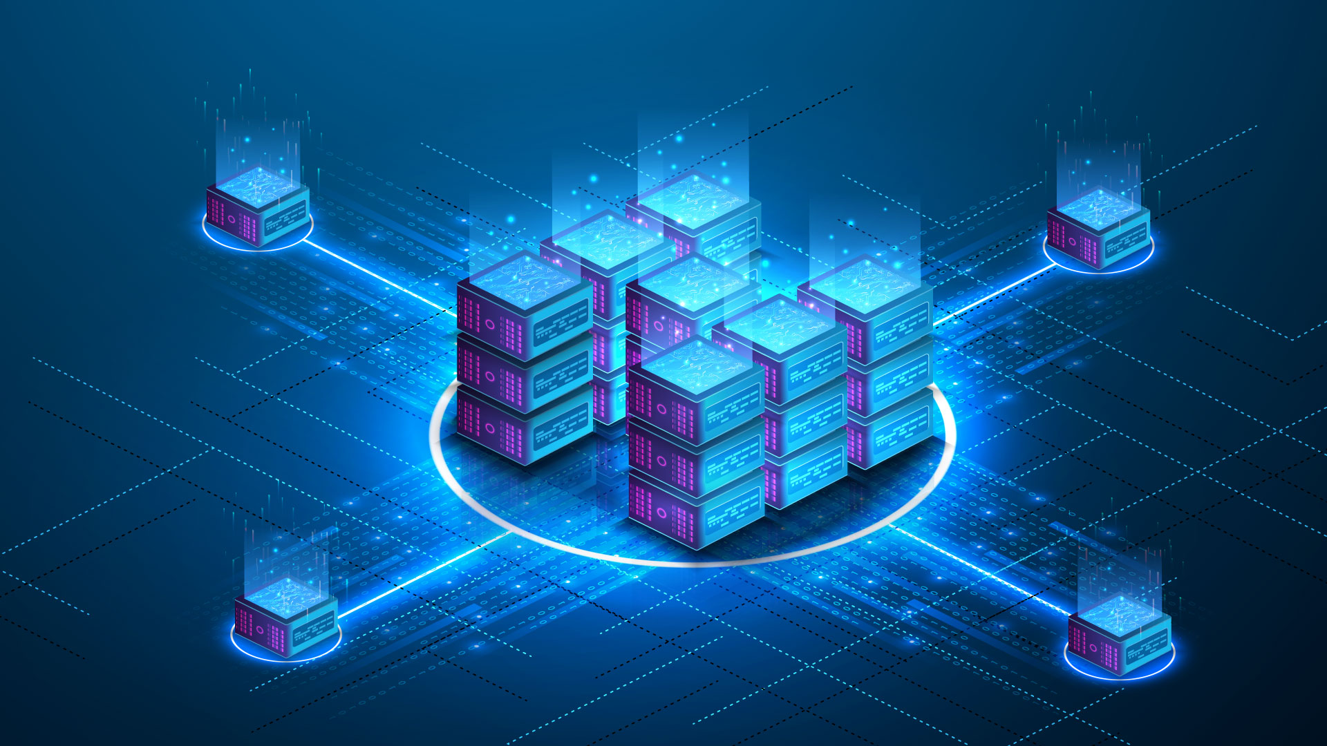 A vector isometric futuristic data center illustrates the data mapping process.